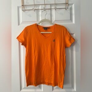 Ralph Lauren Sport Orange V-Neck Tee Shirt with Navy Logo - Medium